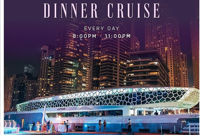 3-Hour Lotus Mega Yacht Dinner Cruise Dubai with Transfers - Palm Jumeirah and the view toward Atlantis