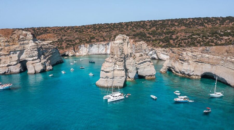 Milos: Full Day Luxury Catamaran with Full Meal & Open Bar - The return past Sykia, Cape Vani, and Klima