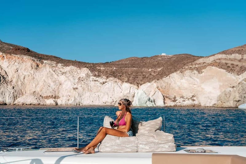 Santorini: Luxury Catamaran Cruise with Lunch, BBQ & Drinks - Red Beach, White Beach, and the Akrotiri coast