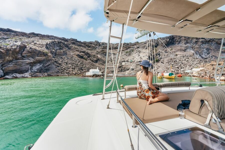 Santorini: Luxury Catamaran Day Trip with Meal and Open Bar - A Greek meal served on the catamaran